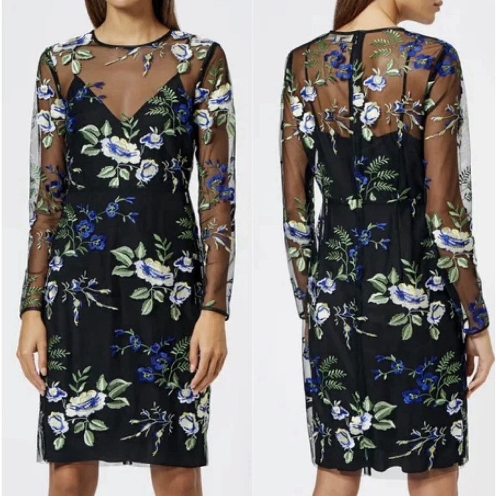 Diane Von Furstenberg Dress 2 Black Floral Embroidery Mesh Whimsical Romantic